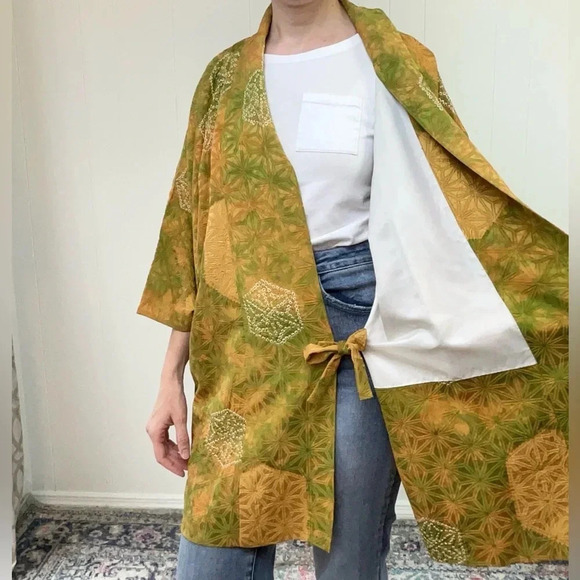 KIMONO jacket Haori VINTAGE TRADITIONAL JAPANESE Silk Green Yellow Batik Tie OS - Picture 6 of 16